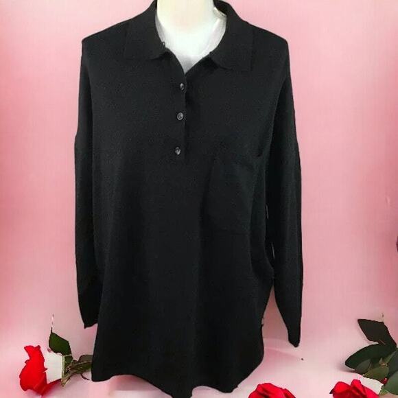 RDI Womens Size Medium Oversized Polo Collared Pullover Sweater Black Pocket - Picture 1 of 16